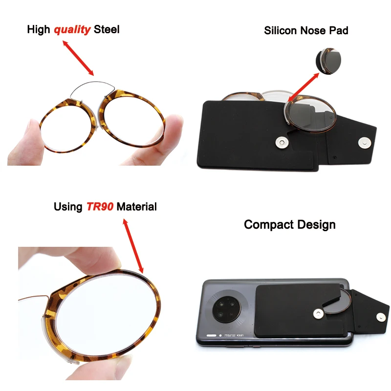 

Mini reading glasses 1.0 to 3.5 portable reading glasses stainless steel nose bridge and glasses case attached to mobile phone
