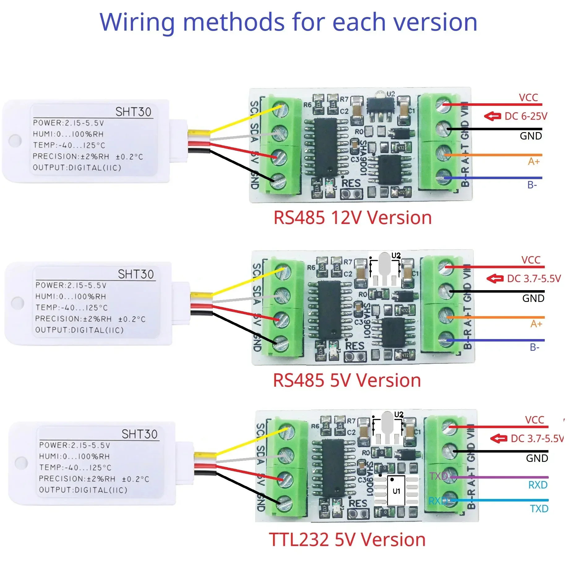 Placa adaptadora de sensor sht30 de temperatura e umidade industrial rs485 ttl modbus rtu analógico remoto io sha9d01 módulo hmi plc expandir