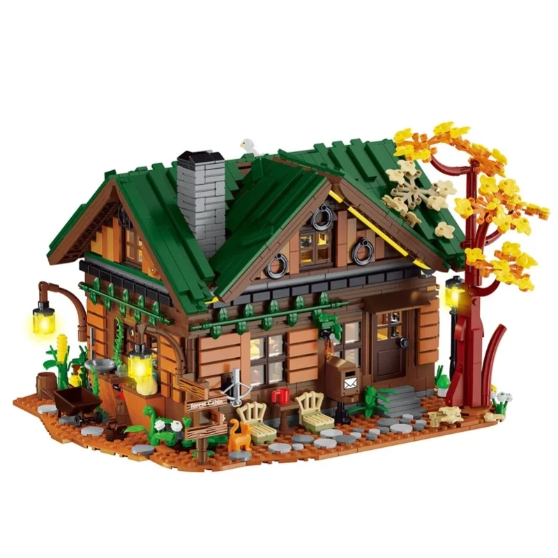 2234-teiliges Waldhütten-Bausteinset Herbstliches Waldhaus-Konstruktionsset mit LED-Beleuchtung und Naturdetails DIY-Montage-Spielzeug für Erwachsene Ideales Geburtstags- und Feiertagsgeschenk Heim-