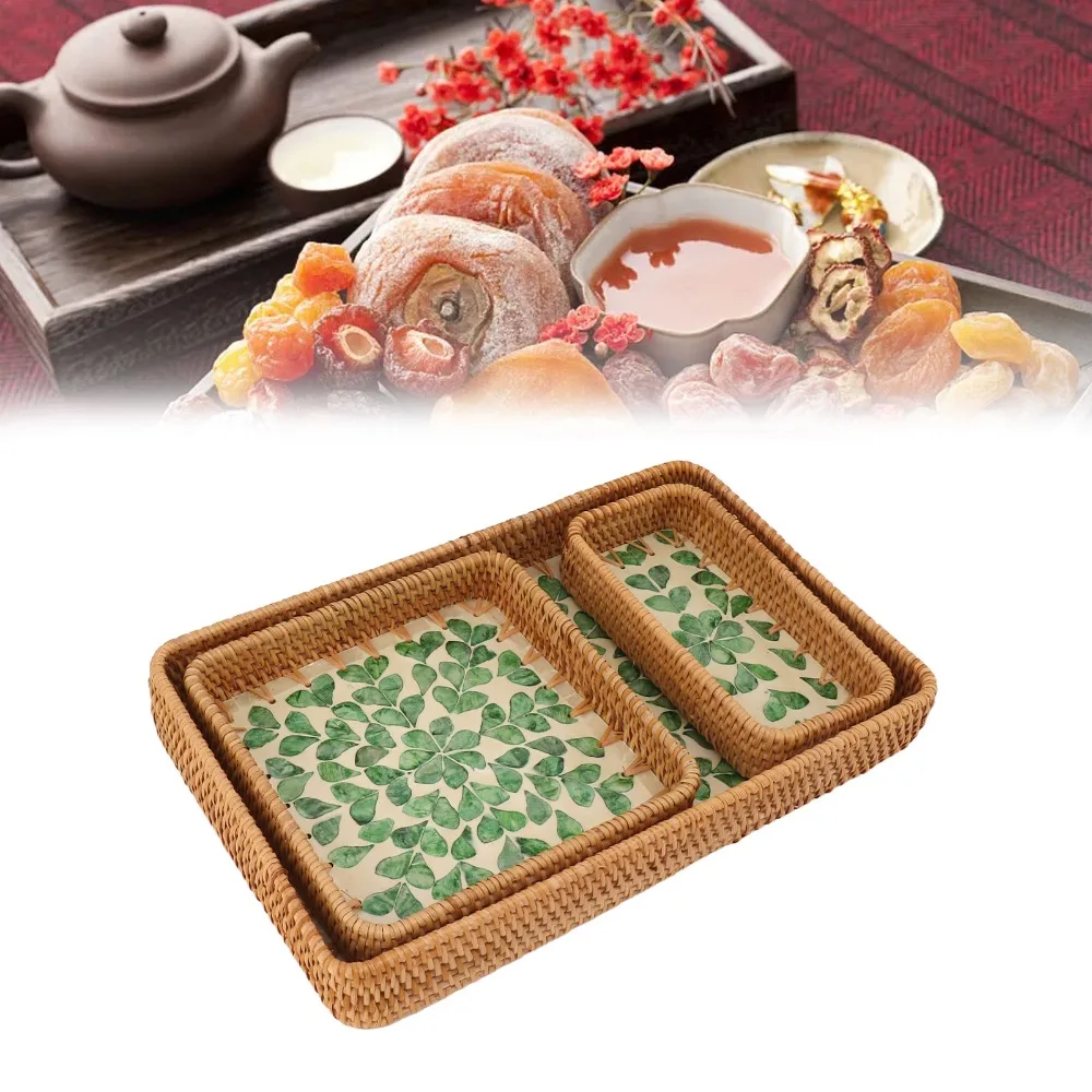 3Pcs Plant fiber Serving Tray Flat Tray Woven Texture Decorative Tray Sturdy Breathable Structure Catchall Organizer
