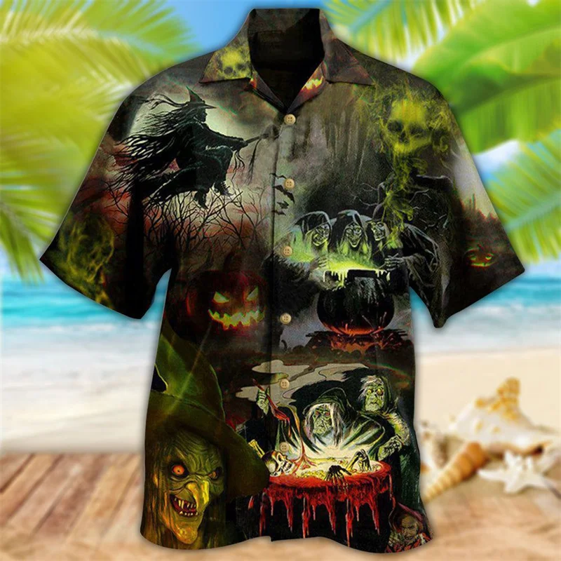 Men\'s Halloween Style Shirt Horror Print Holiday Shirt Men Short Sleeved Cuban Collar Shirt Fashion Street Personalized Clothing