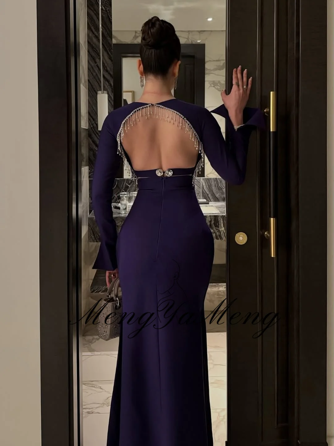 ZHUISHU 보라색 긴 소매 댄스 파티 드레스 오-넥 백리스 파티 가운 맞춤형 코트 트레인 바닥 길이 공식 이벤트 드레스