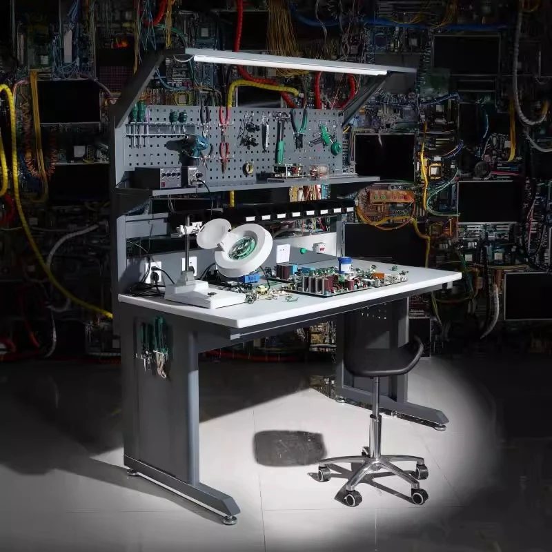 Anti-Static Electronic Chip Workshop Workbench with Lamp And Socket Assembly Table Featuring Curved I-Shaped Legs for Ergonomic