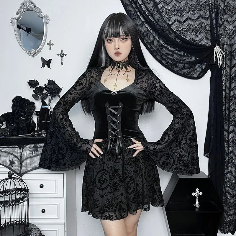 Vestidos góticos pretos com mangas para mulheres, Lolita Cosplay, Mini vestidos curtos, desgaste de senhoras, vestidos vintage, 2024