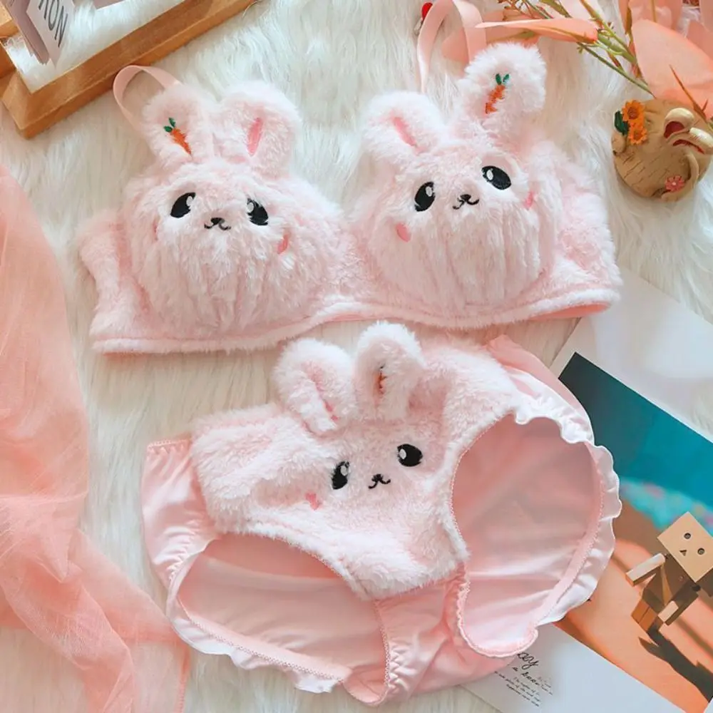 Moda orelhas de coelho de pelúcia sutiã sem fio plissado doce lingerie conjunto cintura baixa íntima feminina conjunto menina