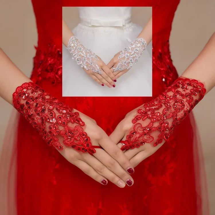 New Style Bridal Colored Diamond Gloves Lace Fingerless Mesh Wedding Gloves Wedding Accessories