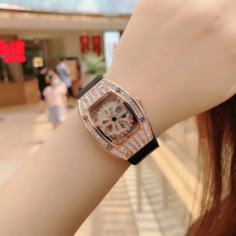 Barrel-Shaped Women's Watch Fashion Diamond-Studded Starry Sky Hollow Rotating Silicone Strap Waterproof Wristwatch