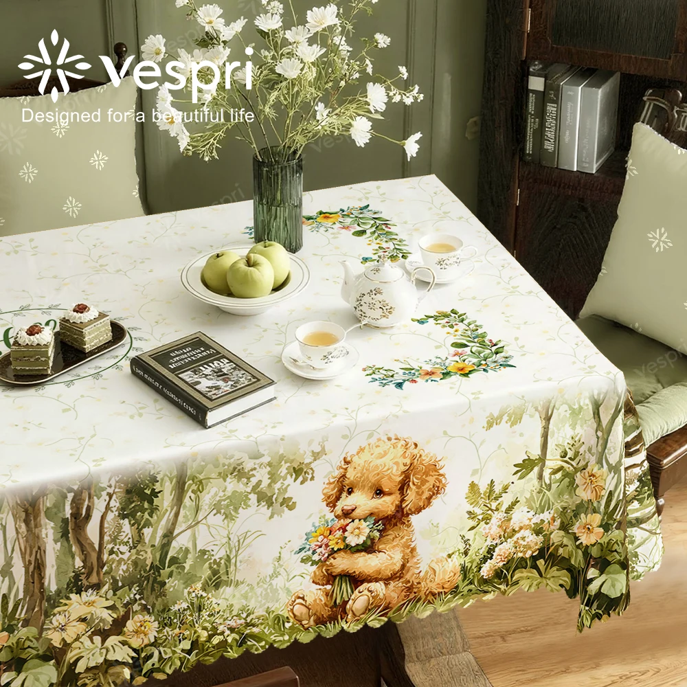 Floral Tablecloth with Teddy Bear, Teapot, Reading Nook for Indoor/Outdoor Camping decor, Rectangular/Round/Oval