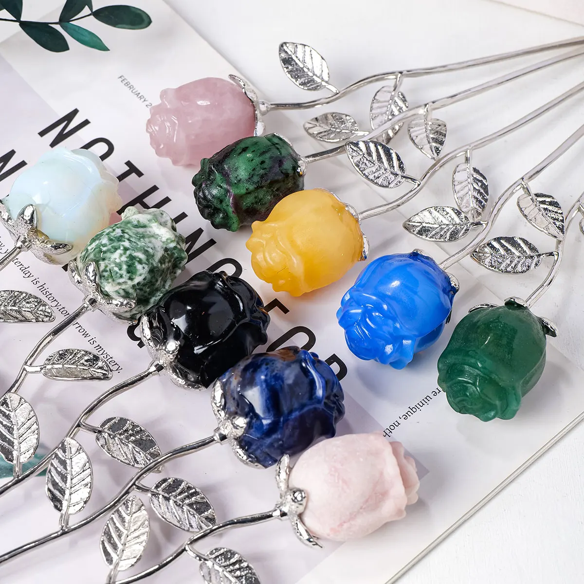 1 Pc Natural Crystal Rose Flower Carving Ornament Home Tabletop Wedding Decoration Valentine\'s Day Gift
