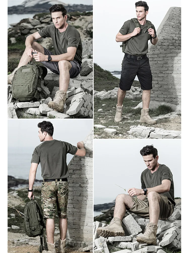 Summer Tactical Sets Men Quick-drying Breathable Crewneck Short-sleeved T-shirt Waterproof Multi-pocket Cargo Shorts Casual Suit