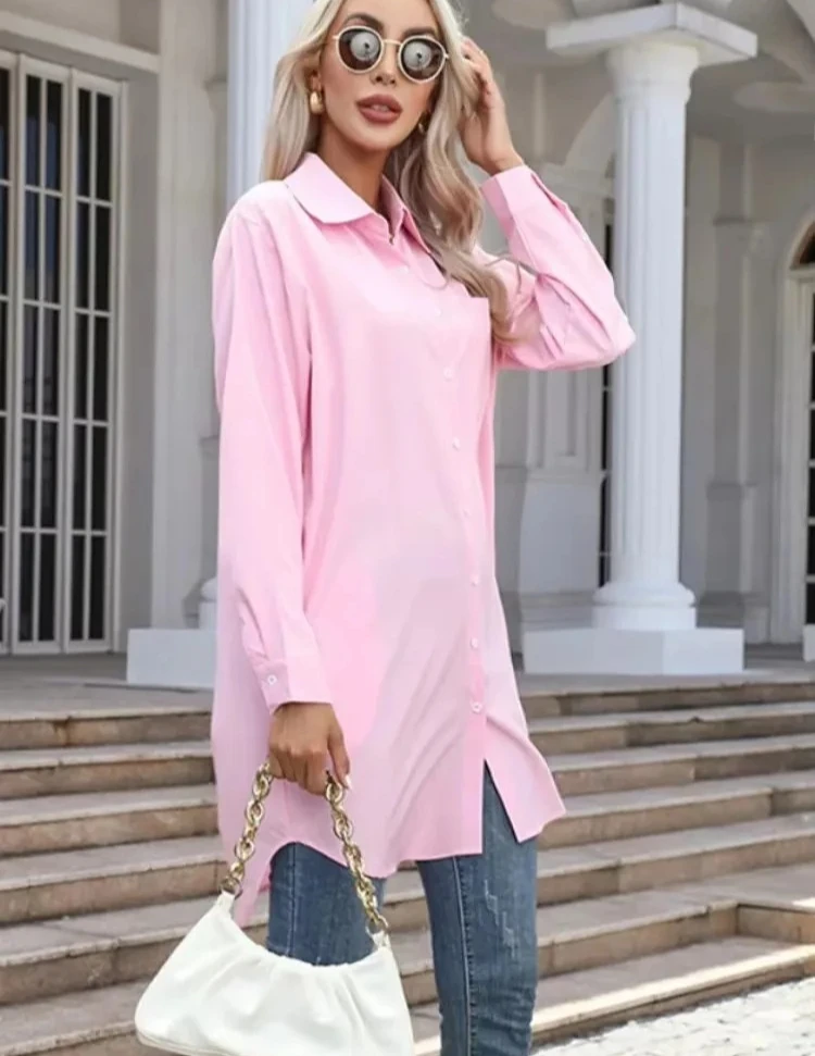 Lockeres und vielseitiges Langarmhemd für Damen im Frühling und Herbst, lässiges Revers für Damen, einfarbiges Basishemd