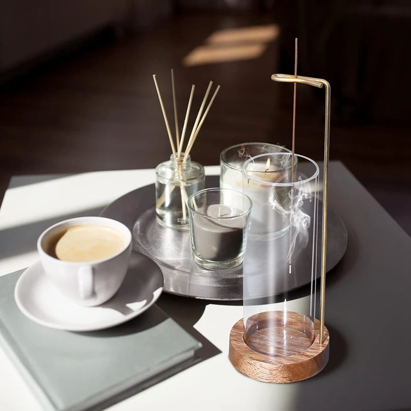 ●Incense Holder, Insence-Stick Holder,Flying Incense Burner with Glass,Non-Slip Wooden Tray and Brass Incense Stick Stand