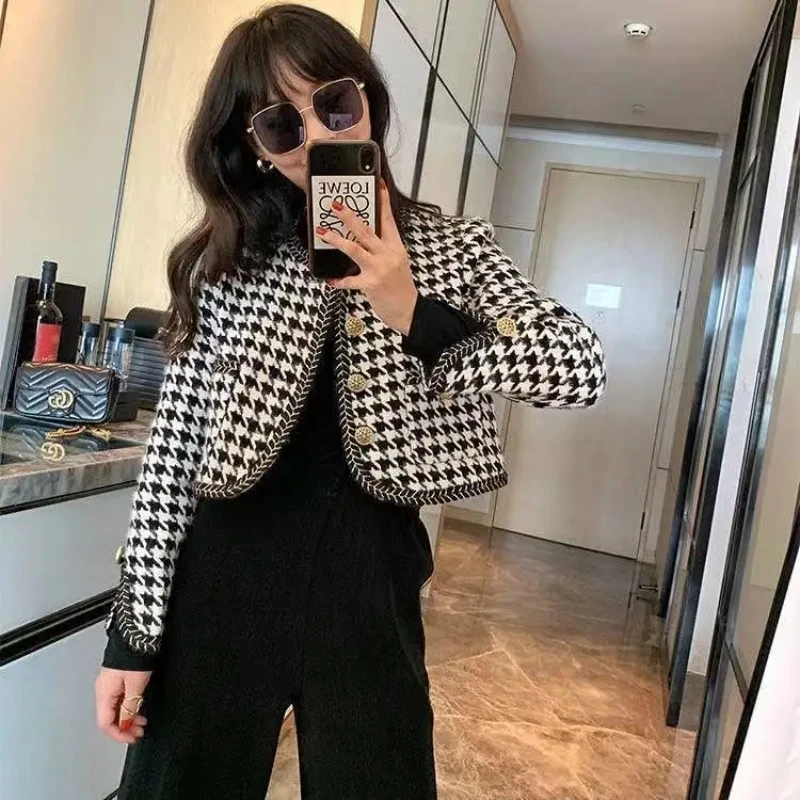 

Basic Jackets Women Spring Autumn Fashion Houndstooth Cropped Elegant Office Lady All-match Simple Comfortable Single Breasted