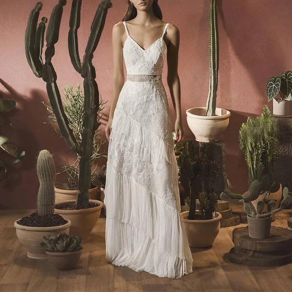 Customized Sexy V Neck Spaghetti Straps Wedding Dress For Women Backless Lace Bridal Gown Tiered A Line vestidos de novia robe