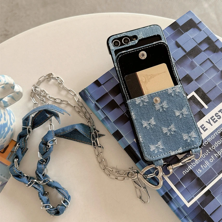 Card Solt Bag Denim Fabric Wallet Wrist Strap Case For Samsung Galaxy Z Flip 6 5 Fold 4 3 Bow Knot Shoulder Chain Lanyard Cover