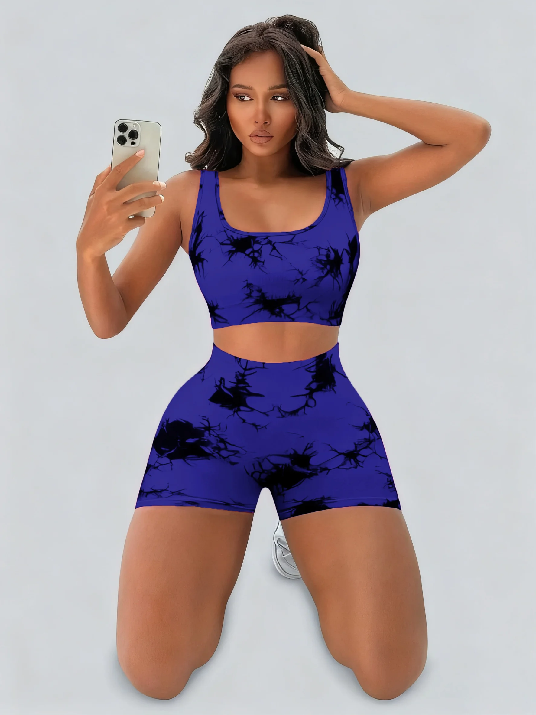 Women's Sports Tie-Dye Seamless Underwear and Shorts Suit, Women's Stretch Leggings, Tummy Control, Butt-Lifting, Peach Butt view 6