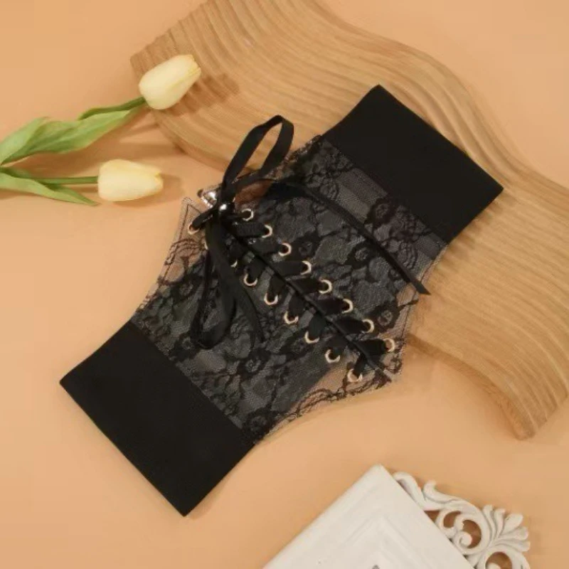 Elegant Wide Lace Elastic Waist Cincher For Women, Satin Stretch Slim Waist Belt, Decorative Accessory For Dresses & Shirts