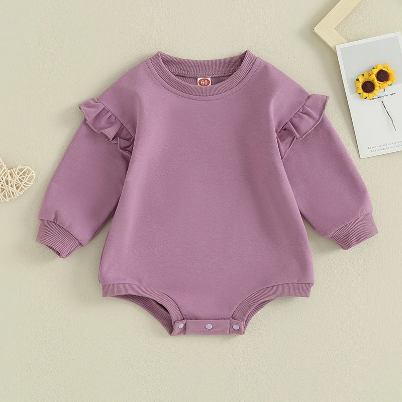 生まれたばかりの女の子のためのフリル付き長袖ボディスーツ,カジュアルウェア,無地,クルーネック,幼児,春,秋