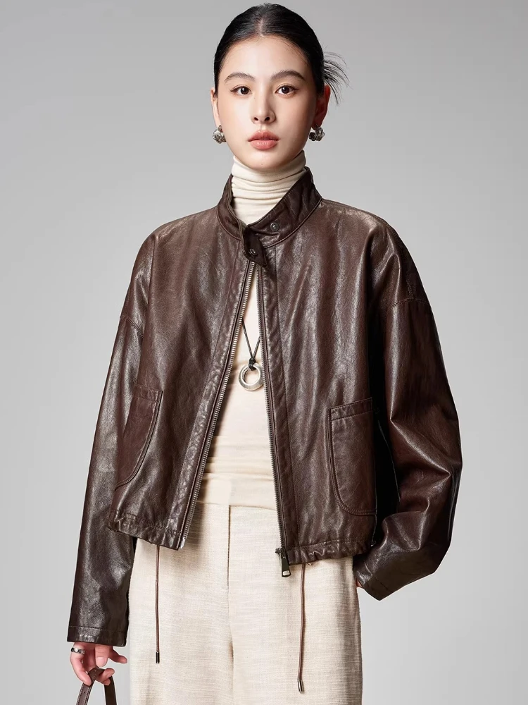 

Casual Short Genuine Leather Jackets for Women Spring Autumn 2026 New High-end Simple Stand Collar Loose Real Goatskin Coat