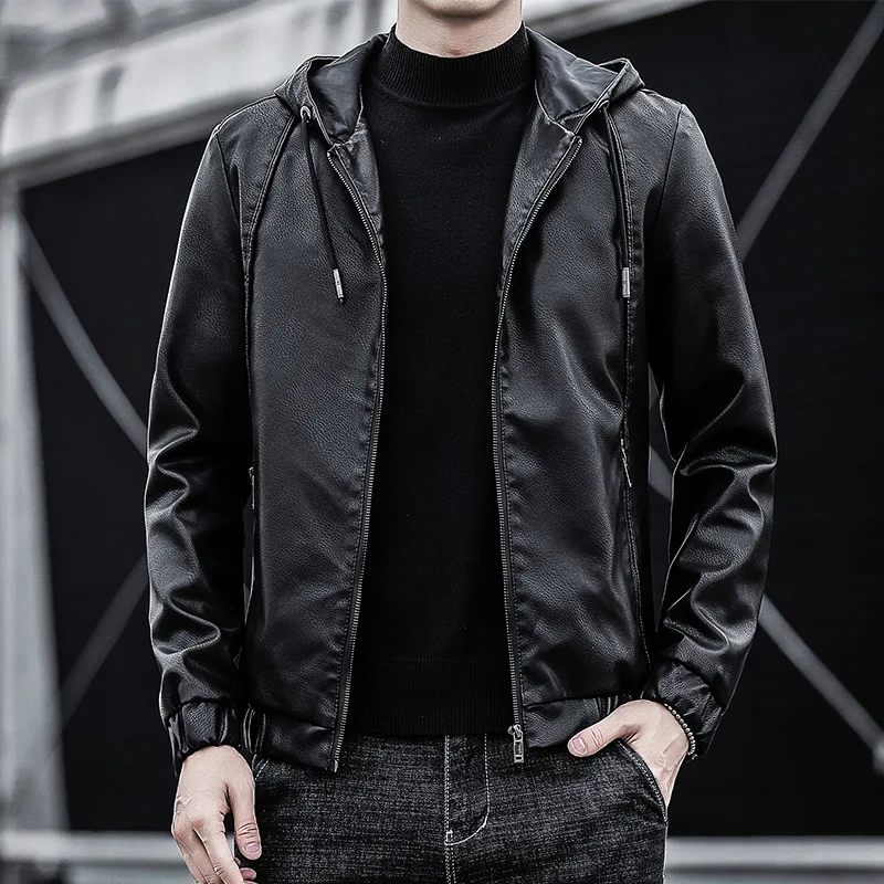 

Men's leather jacket casual fashion men hooded slim Korean motorcycle casual jacket