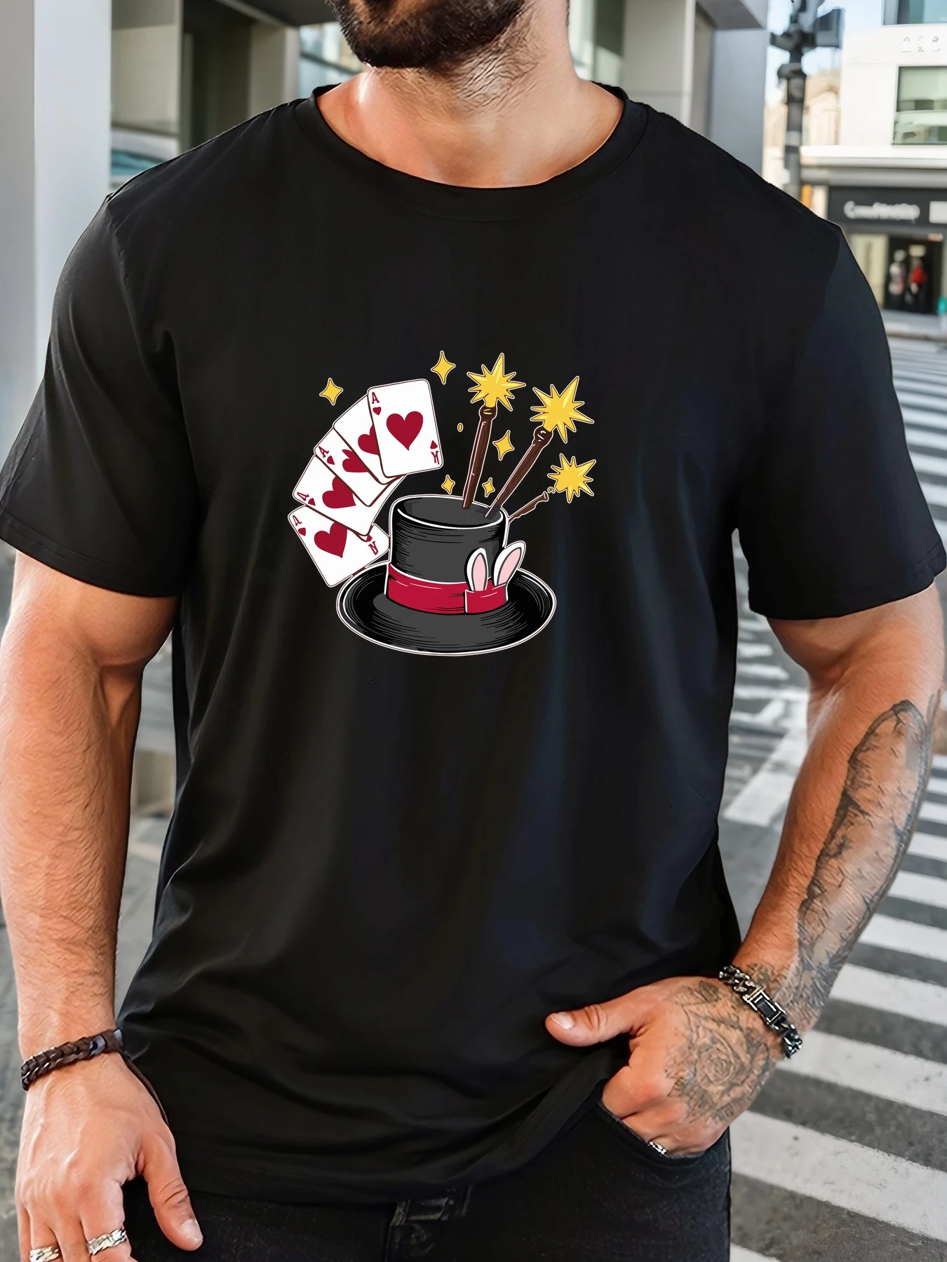 Men White Crew Neck Tee Magic Top Hat Rabbit Ear Heart Ace Cards Wand Sparkle Cartoon Soft Cotton Casual Male Short Sleeve Tops