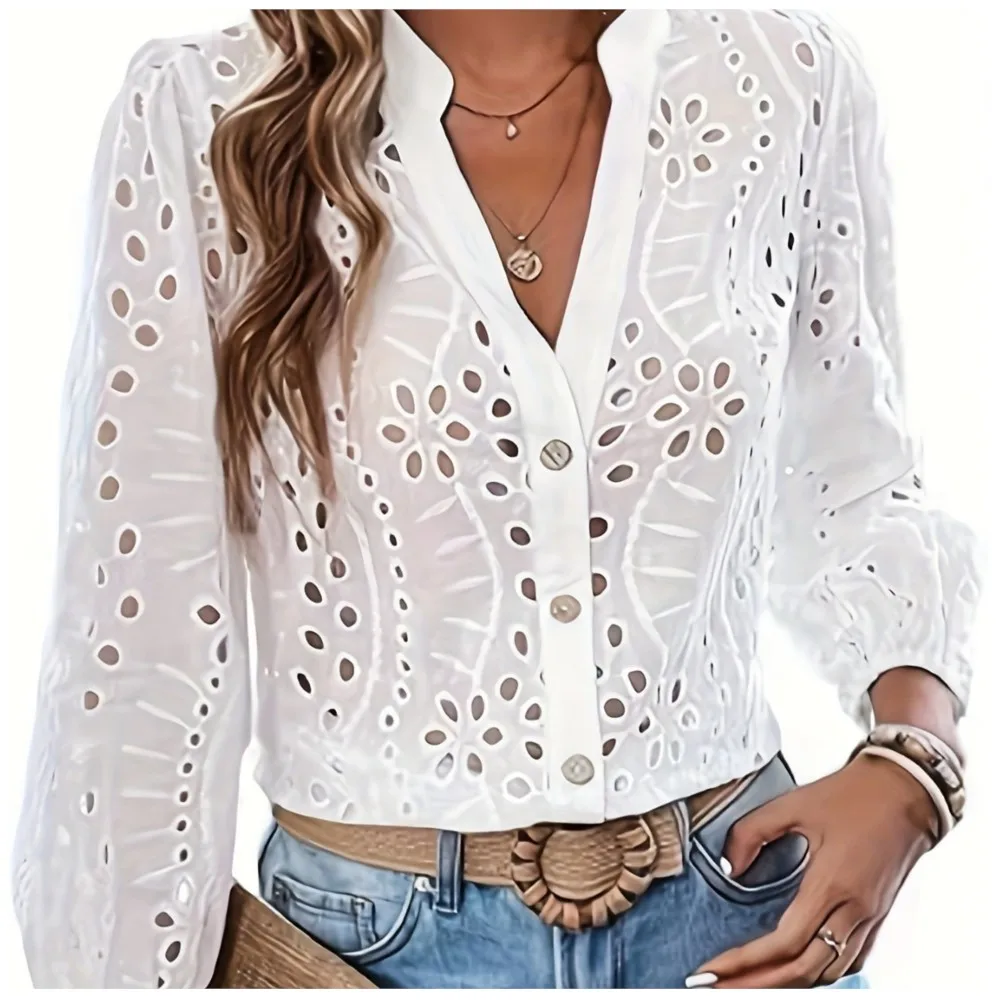 Primavera verão moda oco para fora camisa de manga comprida para mulher elegante casual simples curto largo branco topos senhoras streetwear