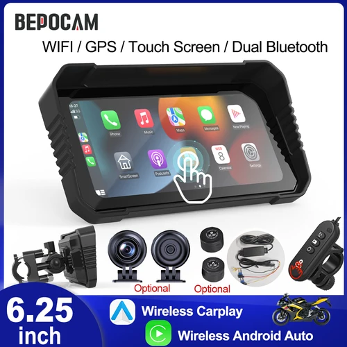 BEPOCAM 6,25 ""portátil motocicleta DVR pantalla táctil navegación GPS IPX7 impermeable inalámbrico CarPlay Android Auto control remoto