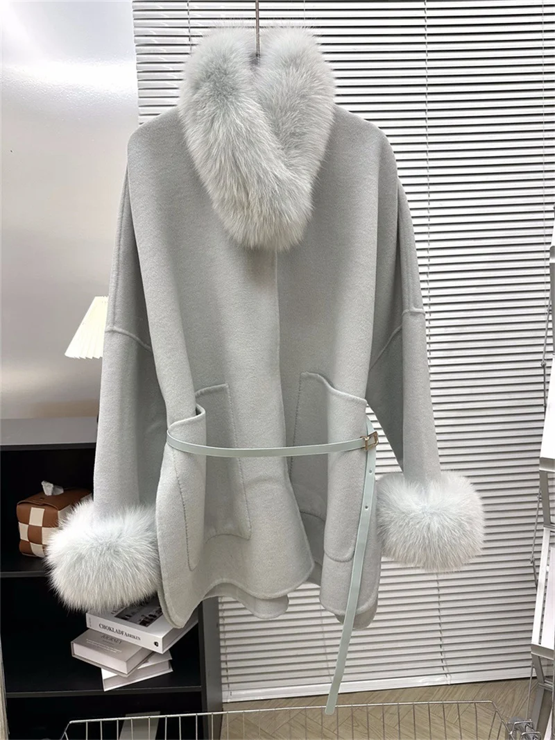 

Women Winter Fox Fur Collar Double-sided Cashmere Loose Jacket Batwing Sleeves Coat Luxury Cardigan Woolen Overcoat With Belt