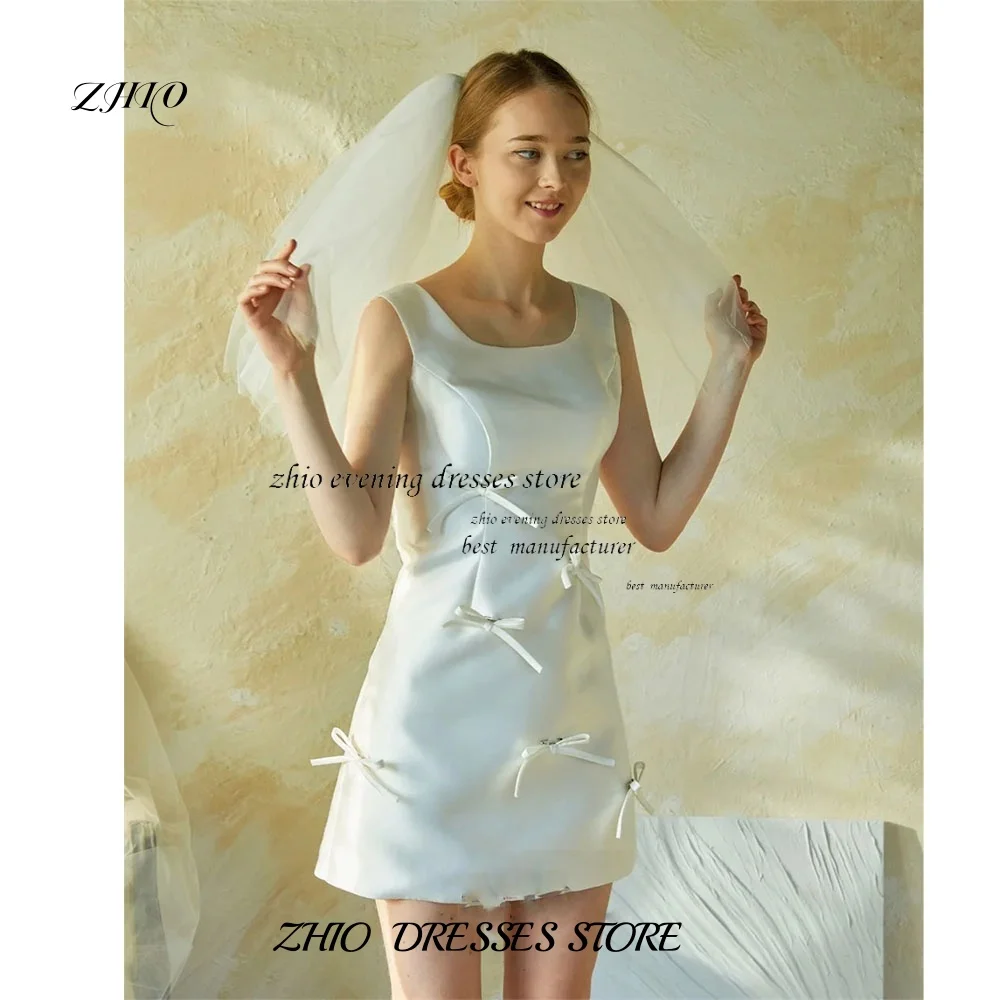 ZHIO 한국 맞춤형 미니 새틴 웨딩 드레스 스퀘어 넥 백 지퍼 민소매 무릎 웨딩 파티 저녁 칵테일 댄스 파티 드레스