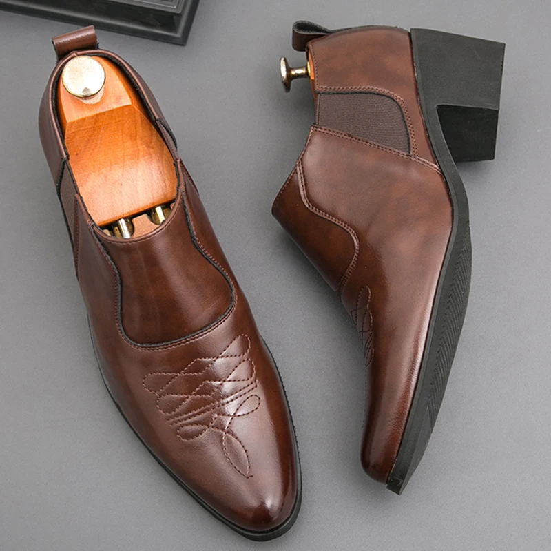 British Thick High Heeled 6CM Dress Leather Shoes Men High Quality Casual Business Shoes For Men Platform Social Wedding Shoes