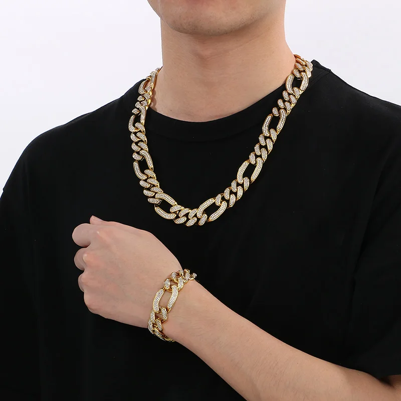 HipHop 20MM Full Rhinestone Large Necklace For Men 18K Gold Color Stainless Steel Jewelry Set Personalized Figaro Cahrm Bracelet