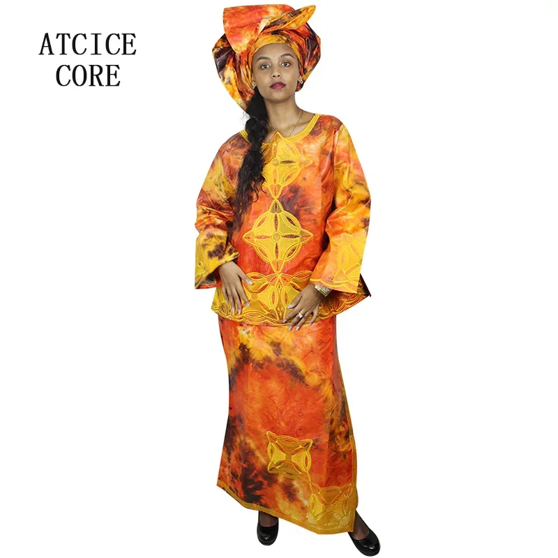 African Dresses For Woman Bazin Riche Embroidery Design Printed Material Top With Wrapper Three Pcs