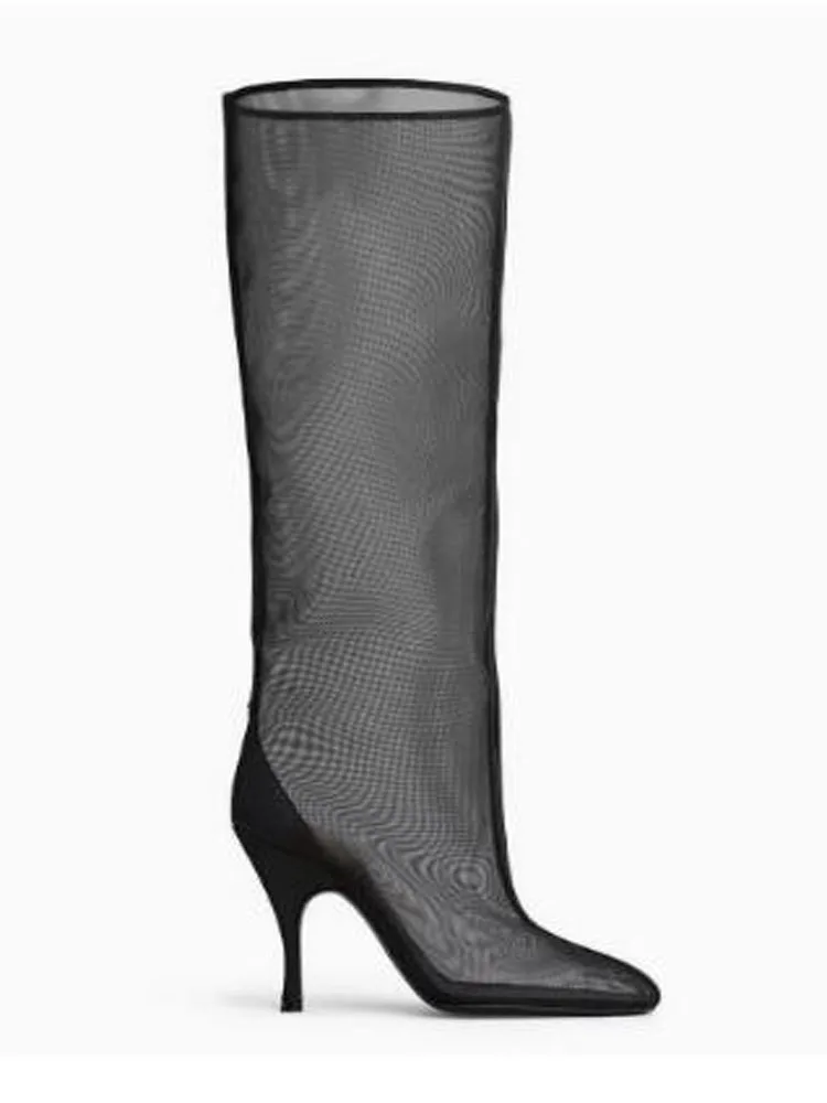 Women Black See‑Through Mesh Knee High Boots Pointed Toe Stiletto High Heel Mesh Transparent Long Boots Party Fashion Footwear