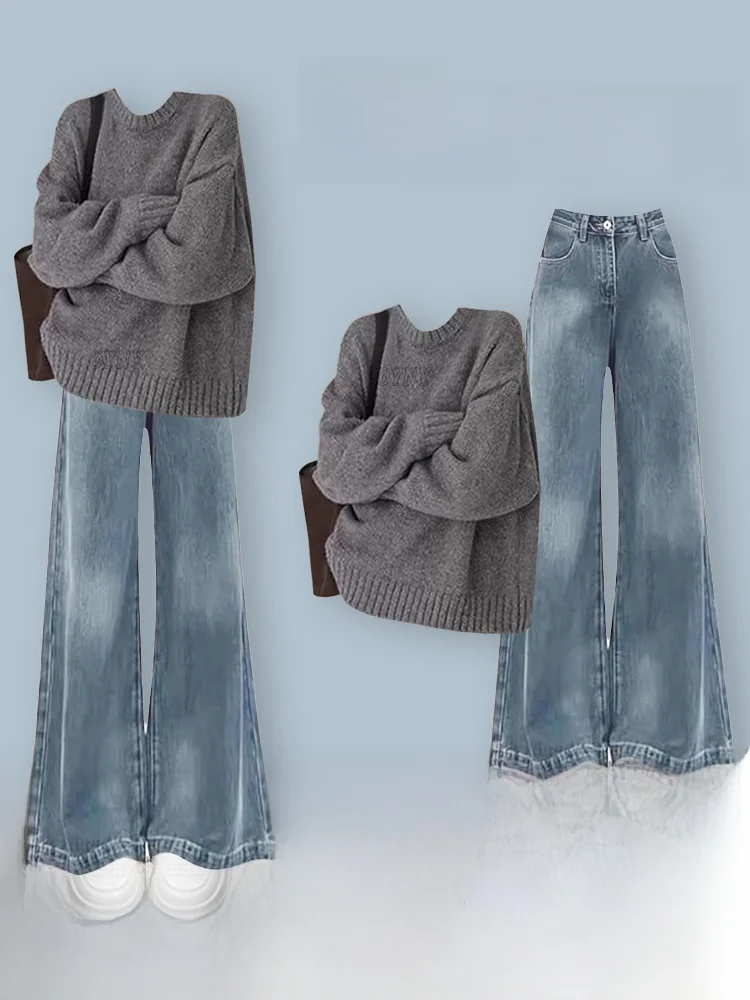 

Корейский свитер Laid-ba и джинсы, комплект из двух предметов для женщин, свободный крой, ретро-стиль, зимняя мода, повседневные брюки с высокой талией
