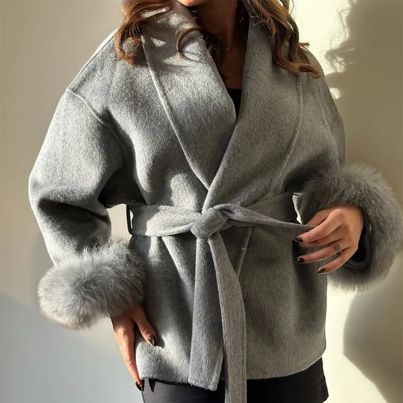 Talenza Women's Wool Coat Fashion New Thick Woolen Coat Office Lady Casual Lapel Loose Belt Short Coat Women Female Outfits 2025