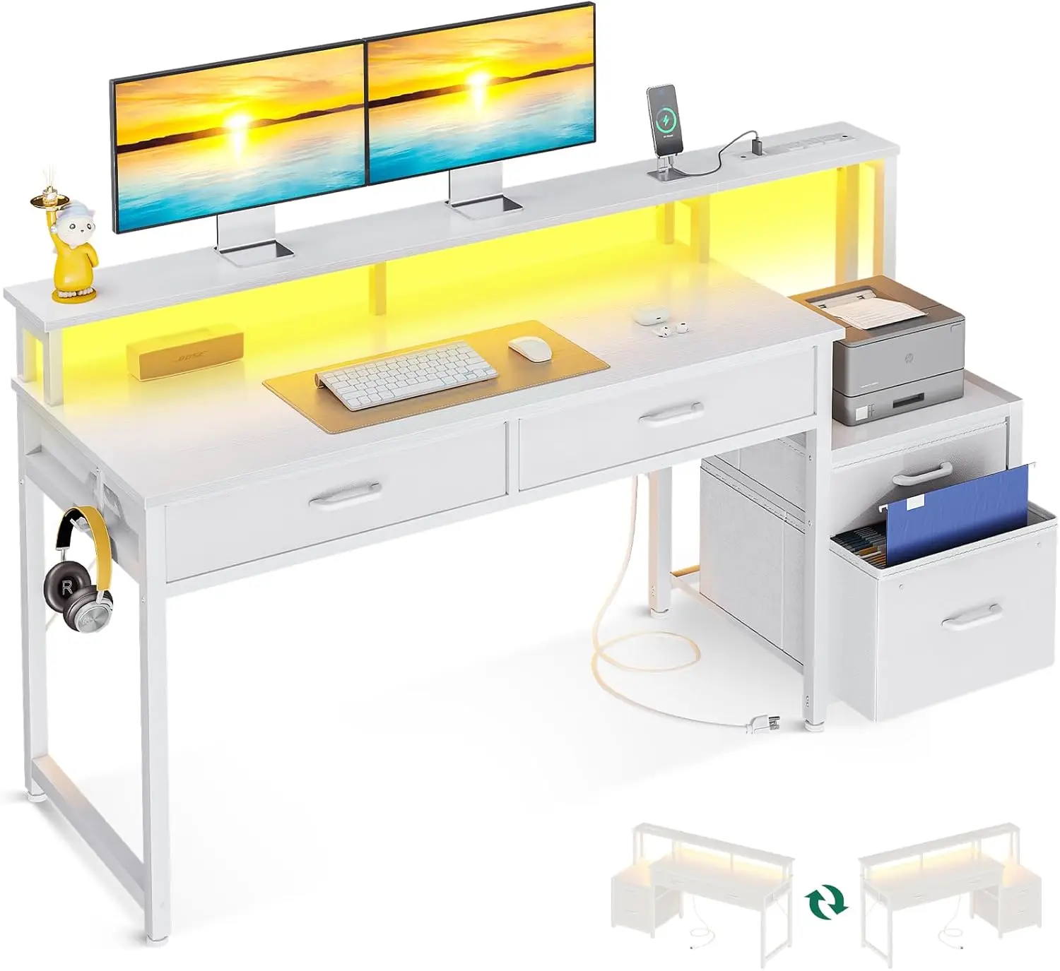 

Computer Desk with 4 Drawers, 55 Inch Reversible Desk with Led Lights & Power Outlet, Office Desk with File Drawer & Monitor St
