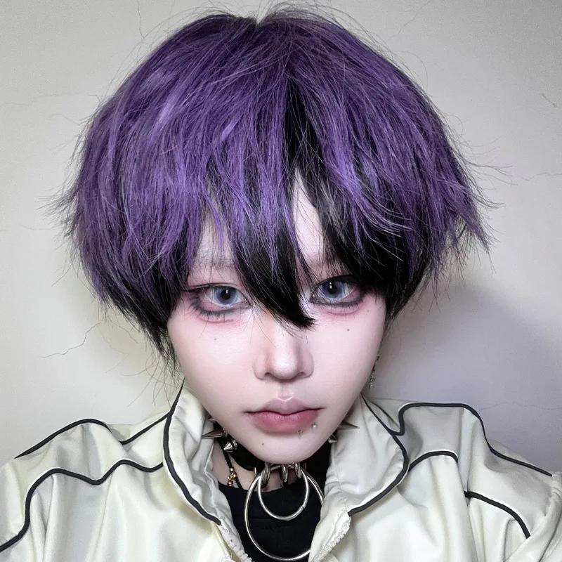 شعر مستعار، شعر قصير محايد، ألياف COS، شعر مقلد، أرجواني داكن، شعر بوب مصبوغ، شعر مستعار قصير