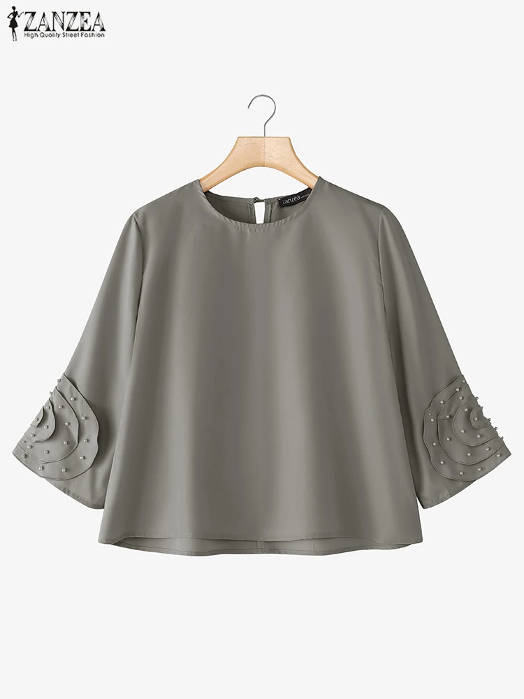 

2025 ZANZEA Elegant Office Lady Shirts Autumn Women Pearl Flare Sleeve Solid Blouse Fashion Tunic Tops Pleated Korean Blusas OL