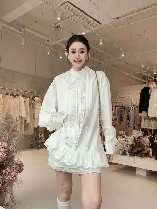 

Korean Sweet Lace Trim Belted White irt Women's Spring 2026 New Small Design Sense Mid-Length Top Breathable Polyester Fiber