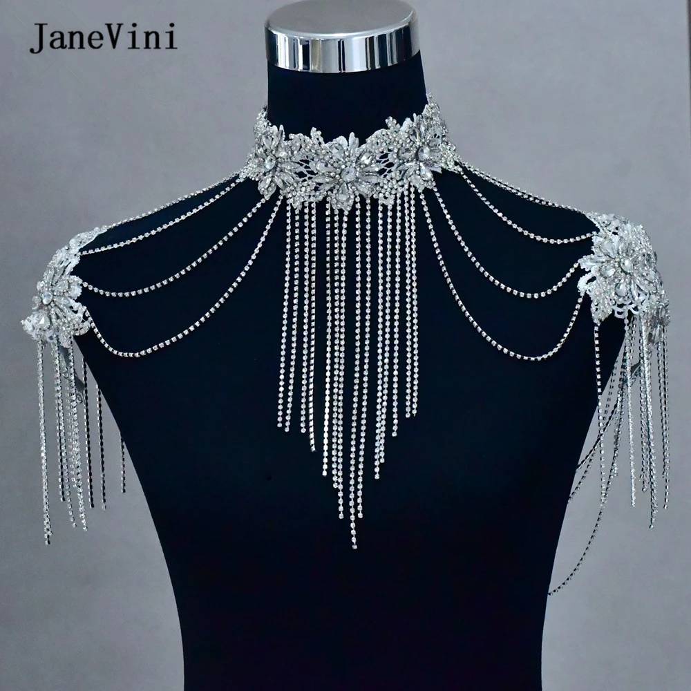 JaneVini Rhinestone Tassel Necklace Women's Crystal Necklaces Designer V-Neck Wedding Dress Shoulder Chain Bridal Accessories