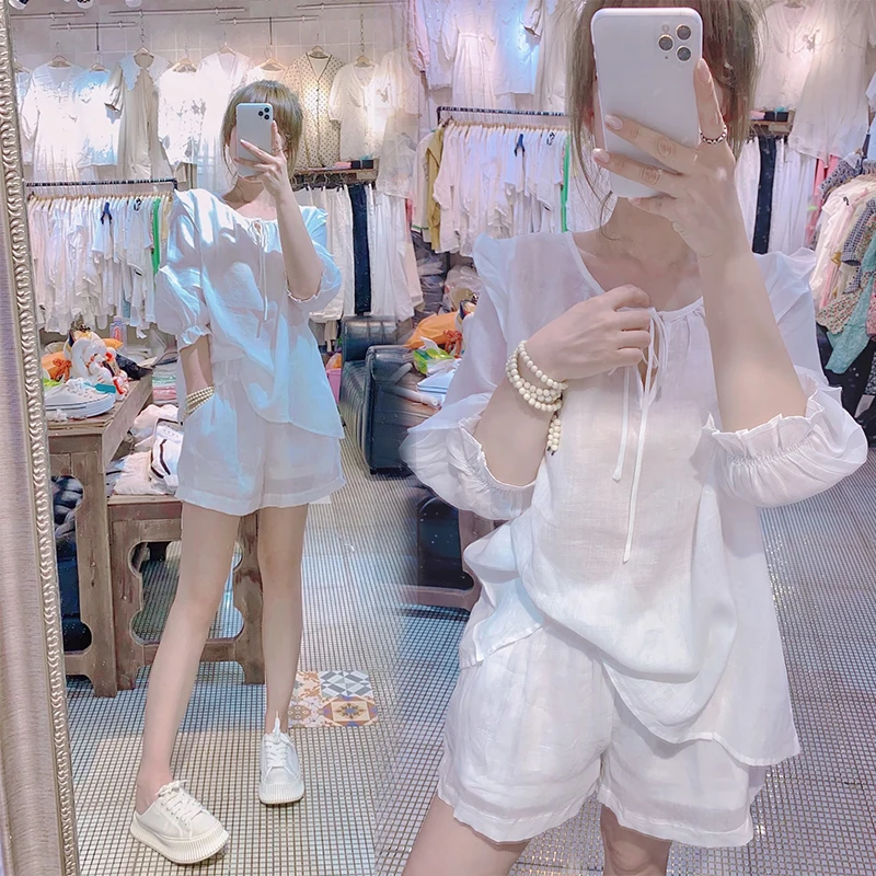 

Лето 202, женский модный комплект с широкими штанинами, комплект из хлопка и льна, топ с 7 отверстиями и орты, комплект из двух предметов