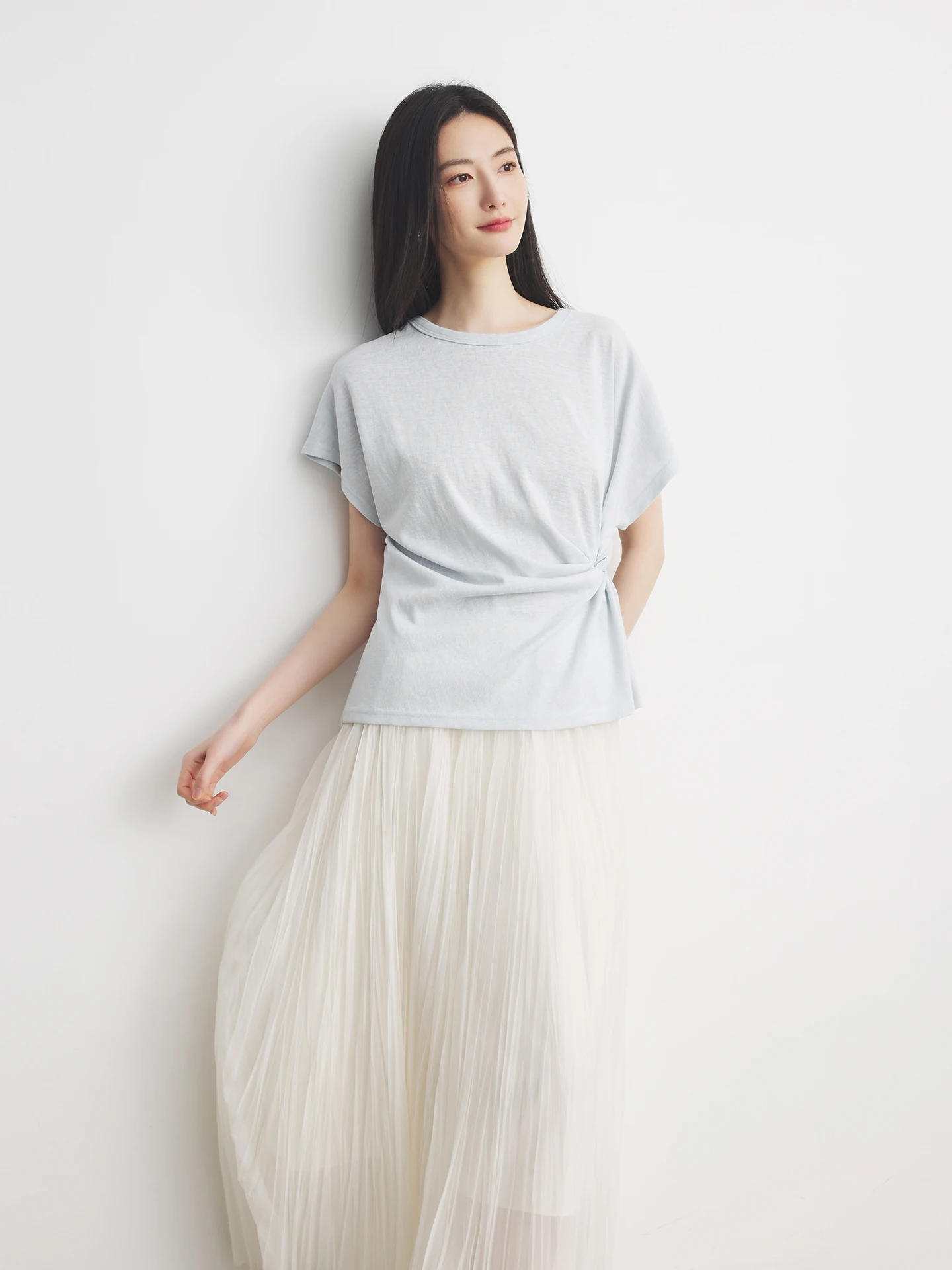 

Annata Women's Short Sleeve T-Shirt round Neck Knot Waist in Thin Design Summer Breathable Cotton Blend Casual Top