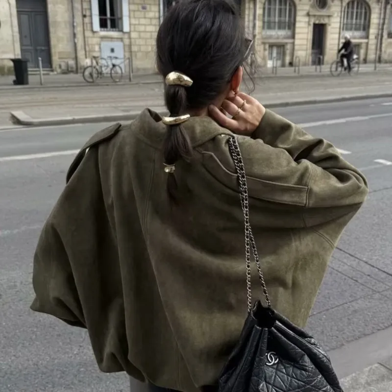 Women Solid Lapel Neck Bomber Jackets Elegant Long Sleeve Loose Bomber Vintage Female Outerwear Chic Street Motorcycle Outwear