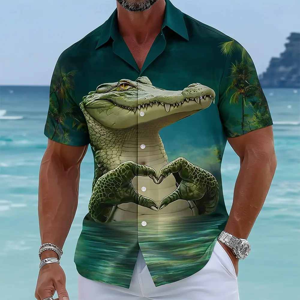Men's Tropical Aloha Hawaiian Shirt Animal Crocodile Heart 3D Print Short Sleeve Button Up Funny Tops for Vacation in Summer