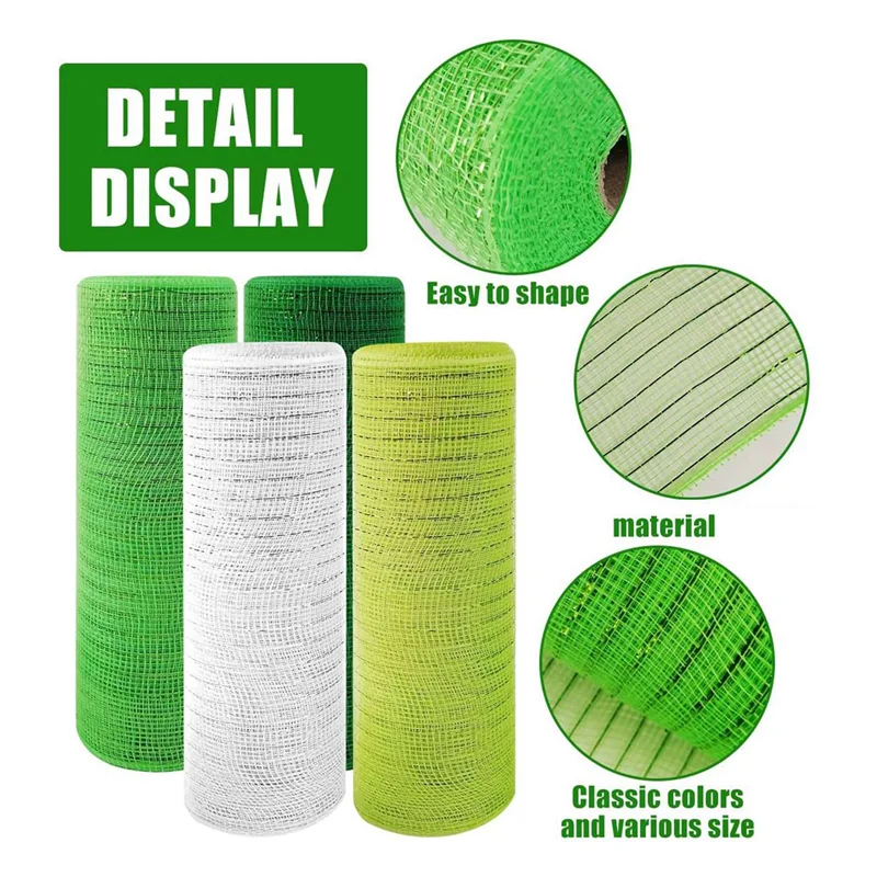 8 ม้วน St. Patrick's Day โพลีตาข่ายริบบิ้น, สีเขียวสีขาวแบบมีสายริบบิ้น 10 นิ้ว X 30 ฟุต Poly Deco ตาข่ายริบบิ้น-CLIM