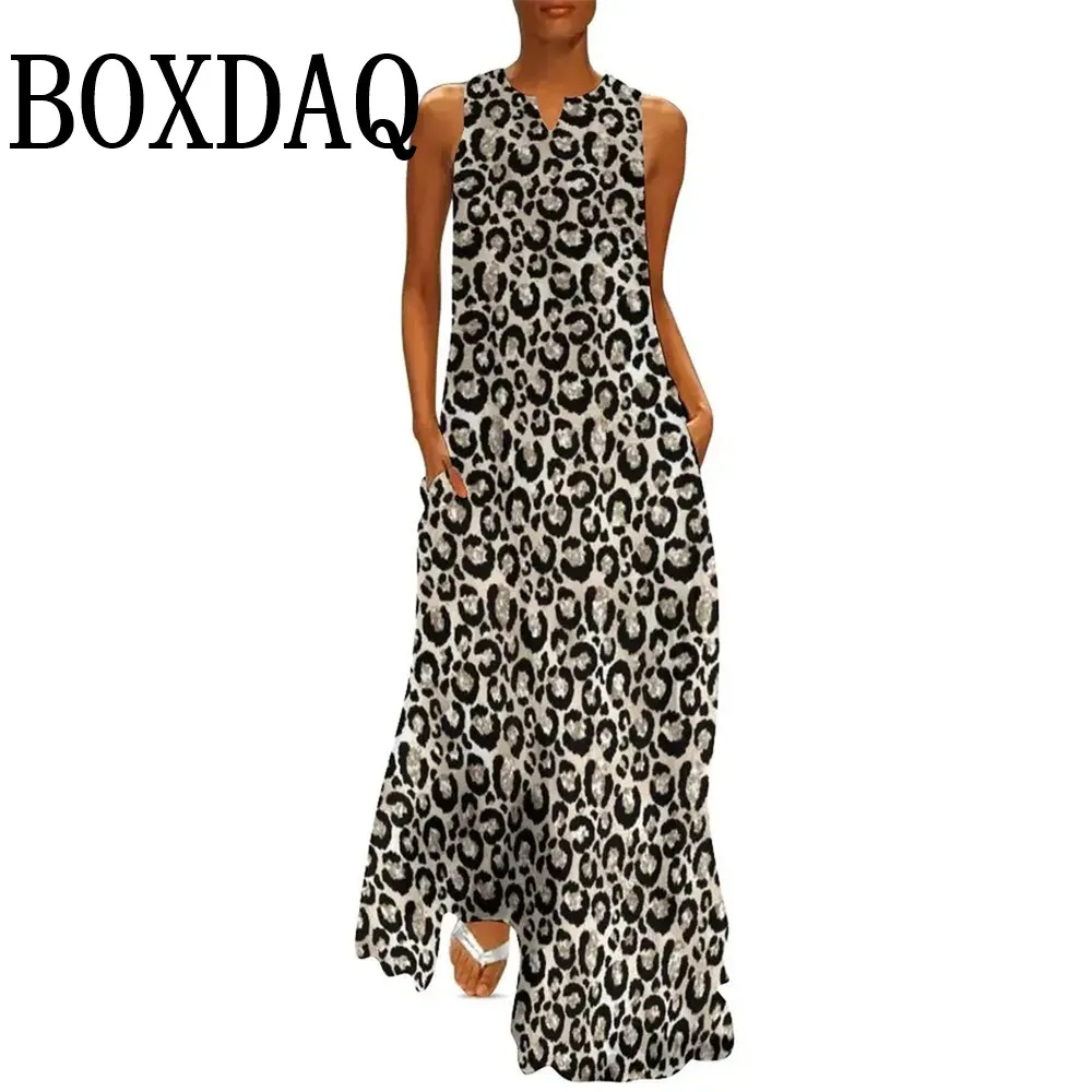 Summer Women Leopard Graphic Print Dress Fashion Elegant Casual V-Neck Sleeveless Tank Long Dresses Ladies Sexy Loose Maxi Dress