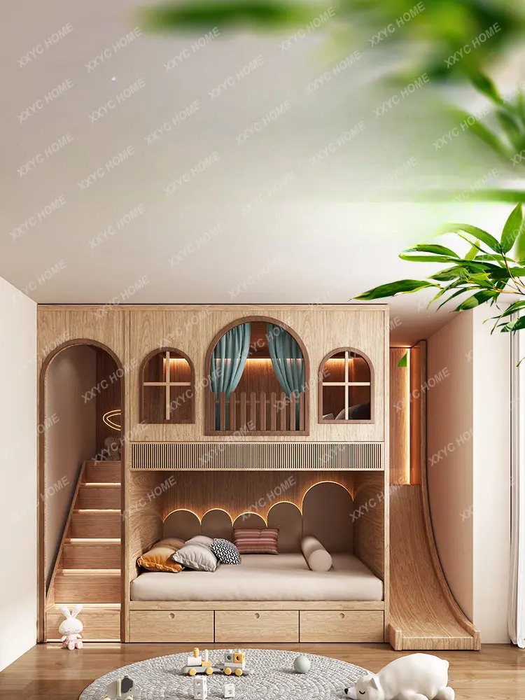 Children\'s Room Whole House Custom Slide Tree Hole Bed Solid Wood Upper and Lower Bunk Bunk Bed High Guardrail Sisterand Brother