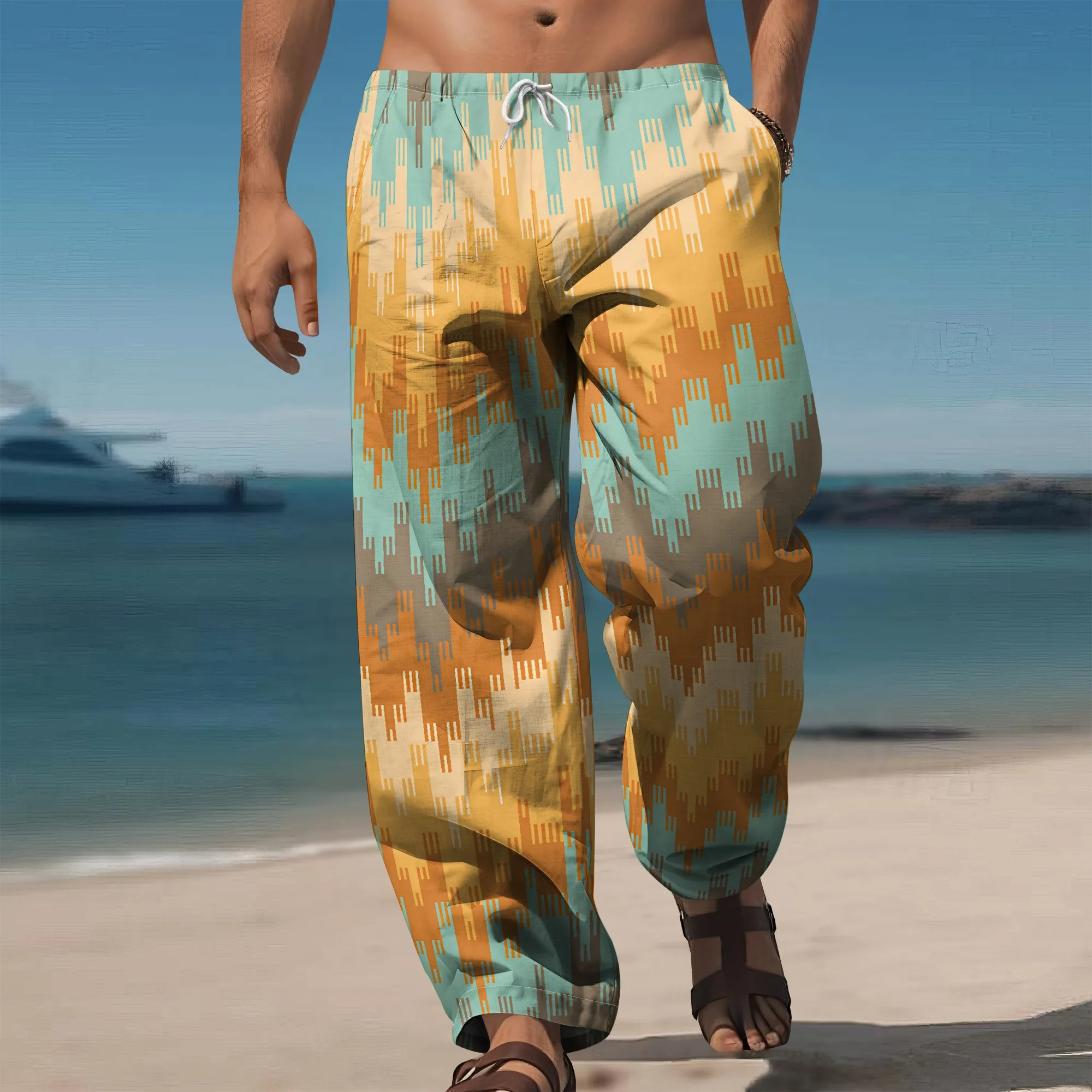

YEAE Color Block Ikat Print Pants for Men Summer Casual Loose Drawstring Trousers