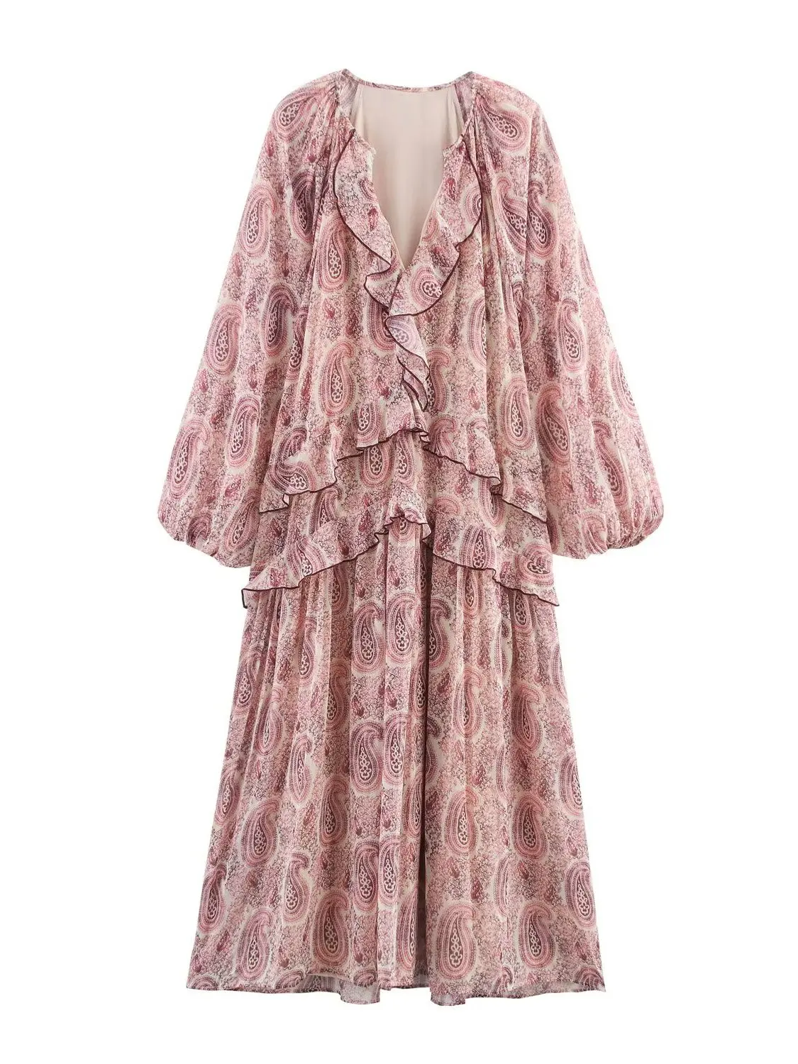 Vestido Midi E com Decote em V e Decoração em Camadas, Estilo Novo de Verão para Mulheres, Vestido Casual de Manga Lon...