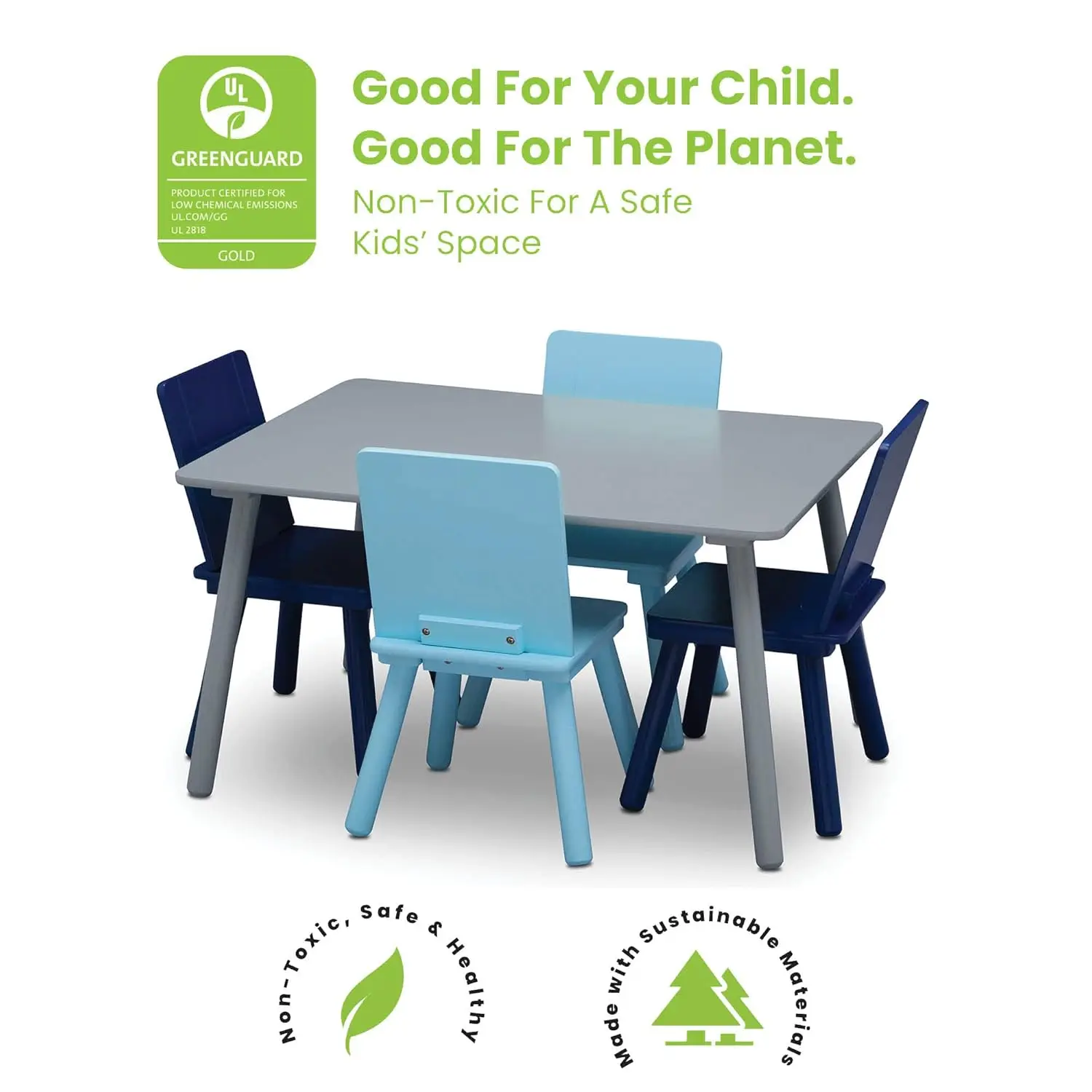 Children Kids Table and Chair Set (4 Chairs Included), Grey/Blue